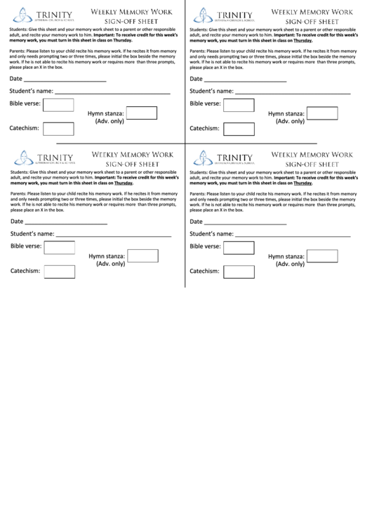 Weekly Memory Work Sign-Off Sheet - Trinity Lutheran Church & School Printable pdf