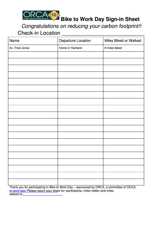 Bike To Work Day Sign-In Sheet Template Printable pdf