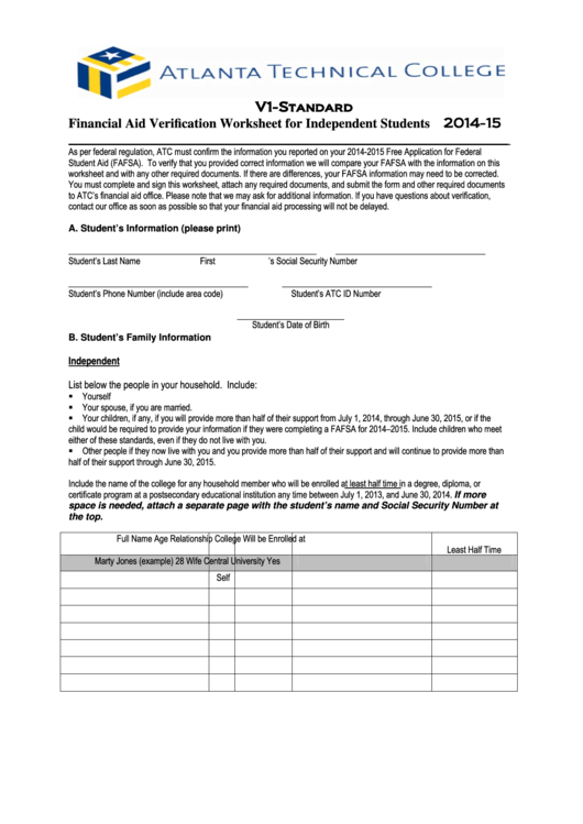 V1-Standard Financial Aid Verification Worksheet For Independent Students Printable pdf