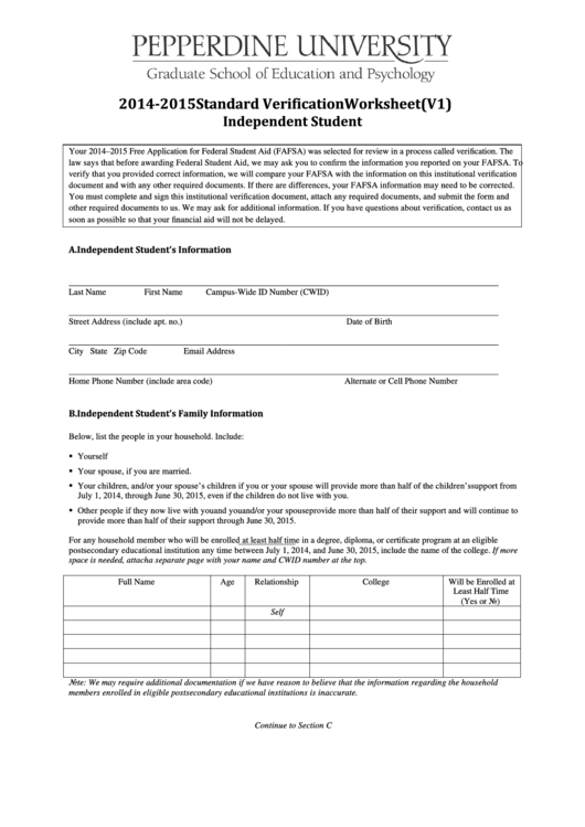 Fillable 2014-2015 Standard Verification Worksheet Template (V1) Independent Student Printable pdf