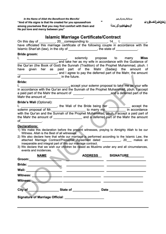 Islamic Marriage Certificate/contract Printable pdf