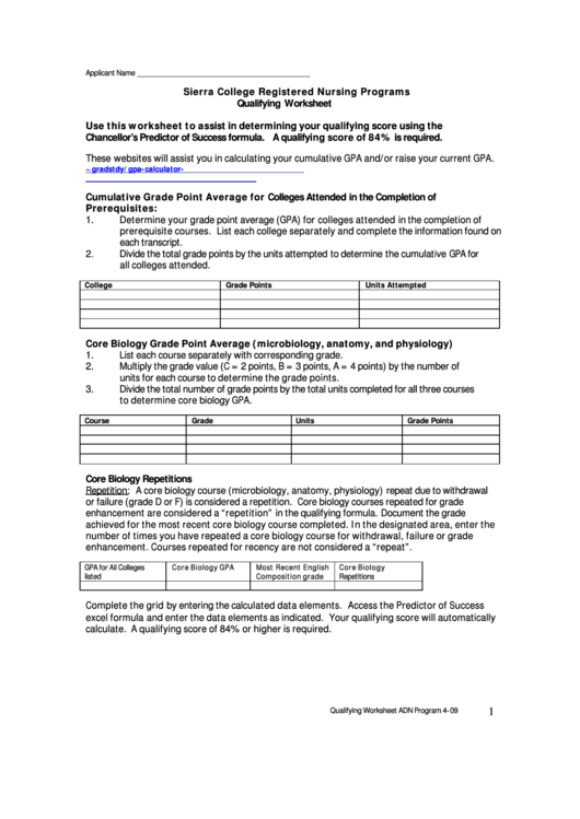 Sierra College Registered Nursing Programs Qualifying Worksheet Printable pdf
