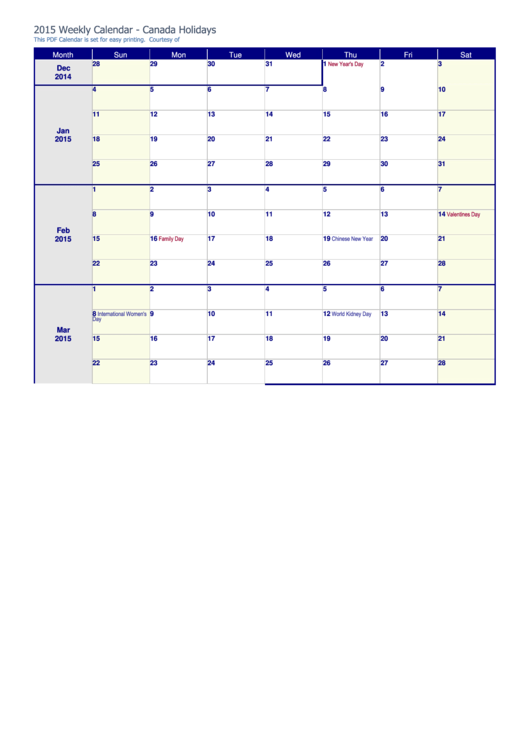 Weekly Calendar Template - Canadian Holidays - 2015 Printable pdf