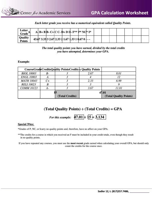Gpa Calculation Worksheet Printable pdf