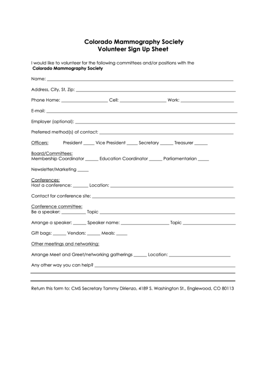 Colorado Mammography Society Volunteer Sign Up Sheet Printable pdf