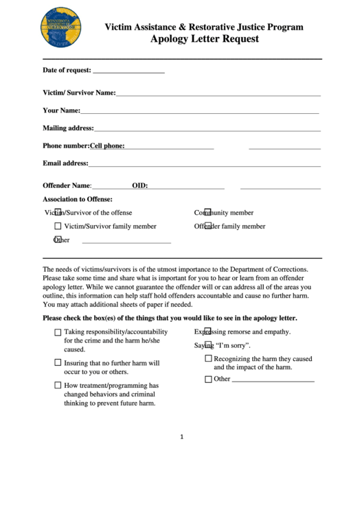 Victim Assistance & Restorative Justice Program Apology Letter Request Form Printable pdf
