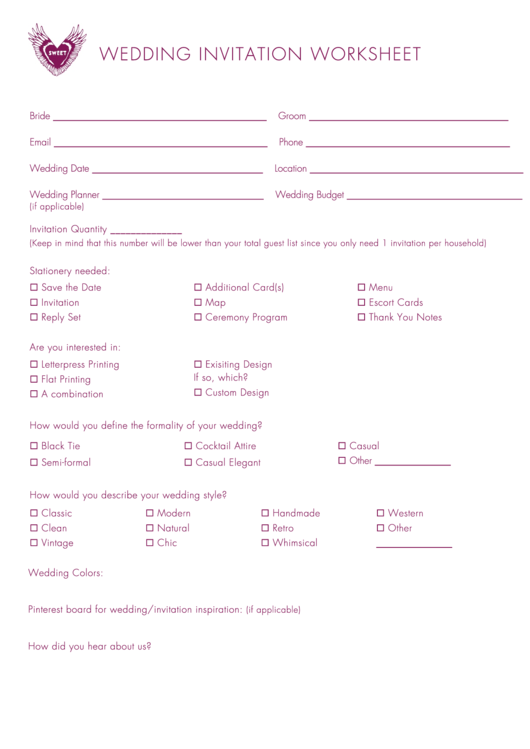 Wedding Invitation Worksheet Printable pdf