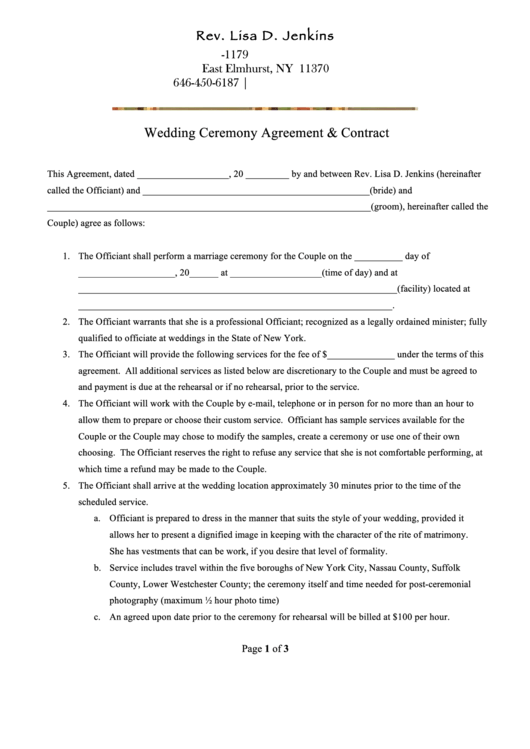 Wedding Ceremony Agreement & Contract Printable pdf