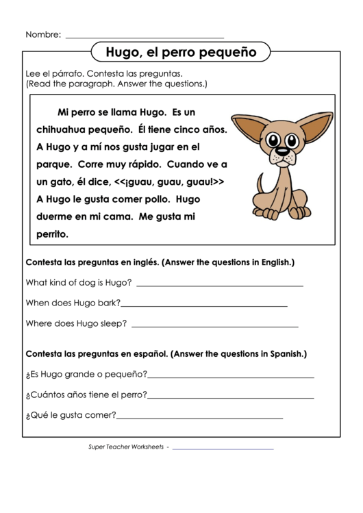 Hugo, El Perro Pequeno Worksheet With Answer Key printable pdf download