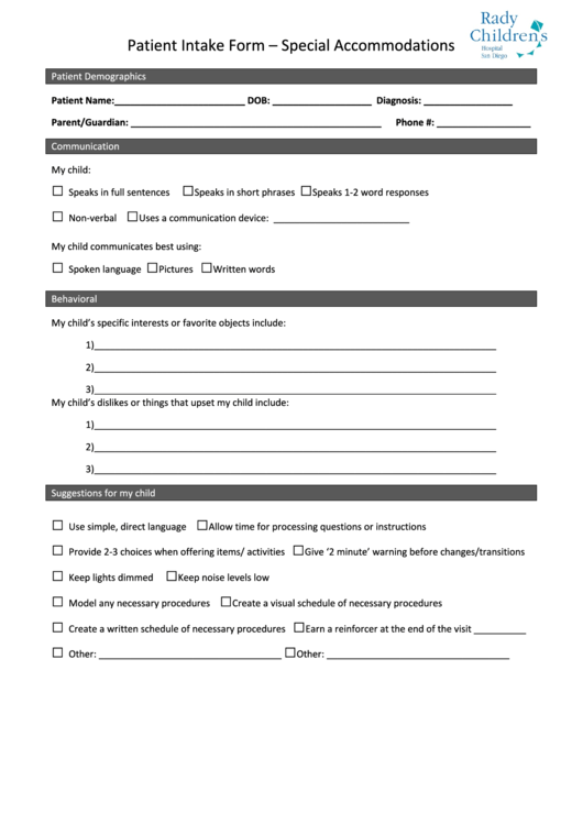 Fillable Patient Intake Form - Special Accommodations Printable pdf