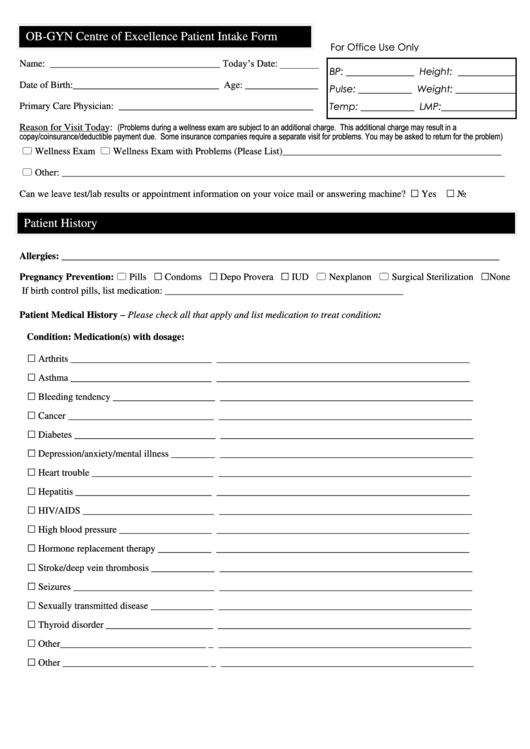 Ob-Gyn Centre Of Excellence Patient Intake Form Printable pdf
