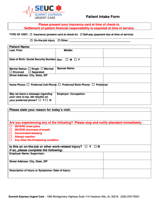 Patient Intake Form Printable pdf