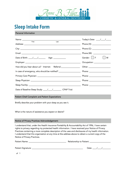Fillable Sleep Intake Form Printable pdf