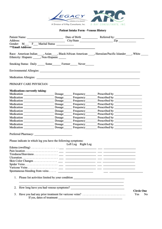 Patient Intake Form - Venous History Printable pdf