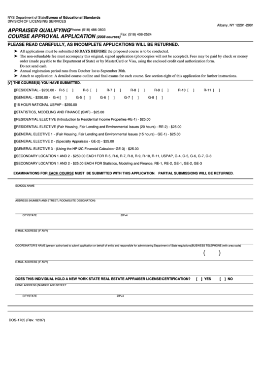 Appraiser Qualifying Course Approval Application (2008 Courses) Printable pdf