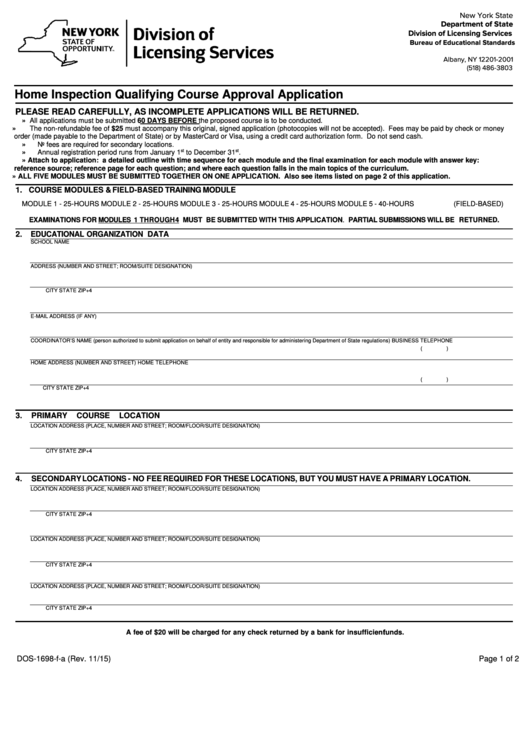 Fillable Form Dos-1698-F-A - Home Inspection Qualifying Course Approval Application Printable pdf