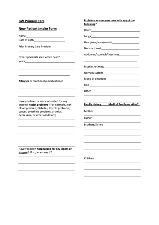 Bw Primary Care New Patient Intake Form Printable pdf