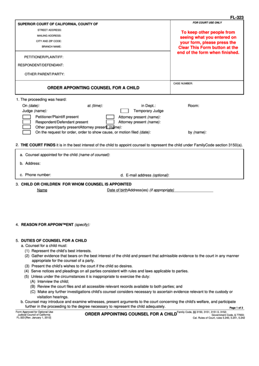 Fillable Order Appointing Counsel For A Child Printable pdf