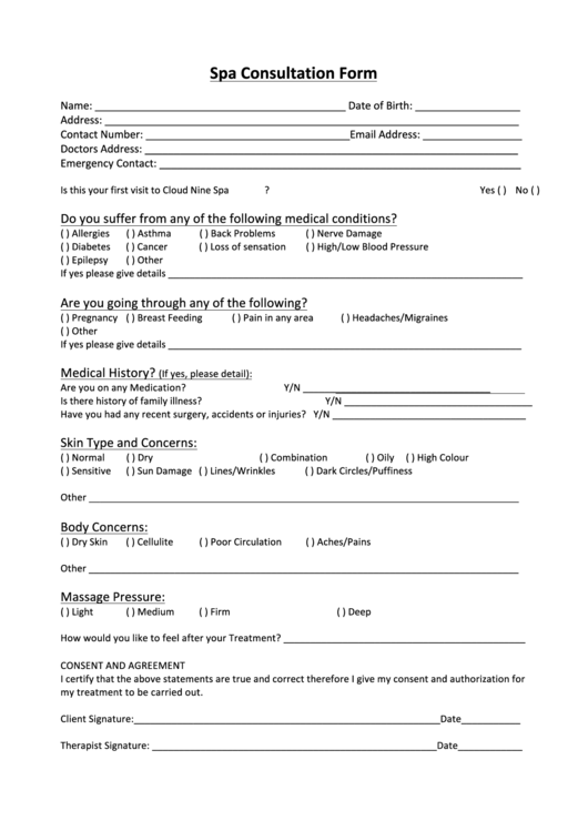 Spa Consultation Form Printable pdf