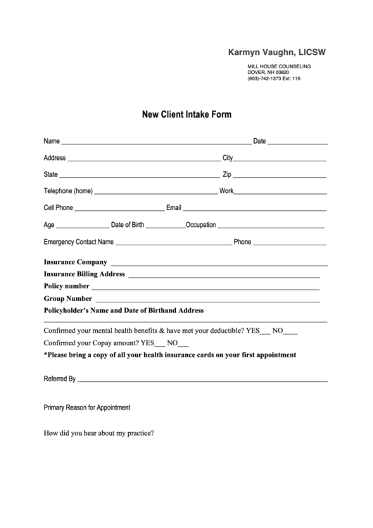 New Client Intake Form Printable pdf