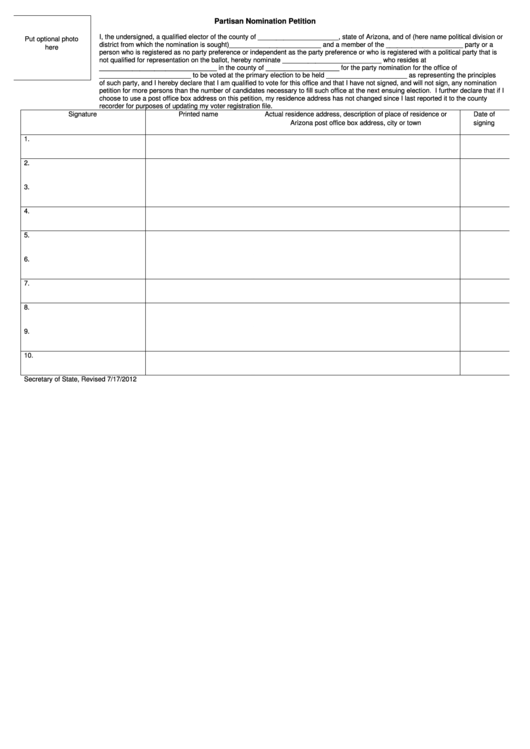 Fillable Partisan Nomination Petition Form Printable pdf