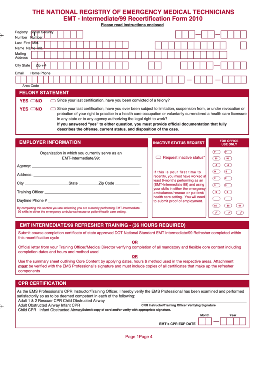 Intermediate/99 Recertification Form 2010 - The National Registry Of Emergency Medical Technicians Printable pdf
