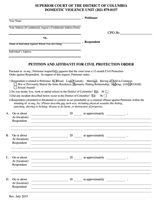 Petition And Affidavit For Civil Protection Order Printable pdf