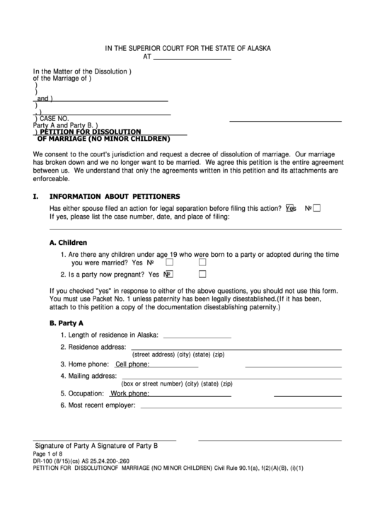 Form Dr-100 - Petition For Dissolution Of Marriage (no Minor Children)