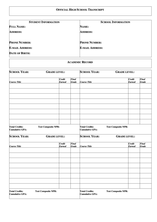 Official High School Transcript Form Printable Pdf Download