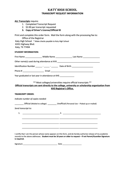 High School Transcript Request Form Printable Pdf Download