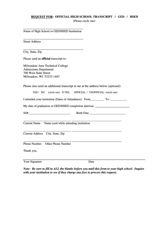Official High School Transcript/ged/hsed Request Form Printable pdf