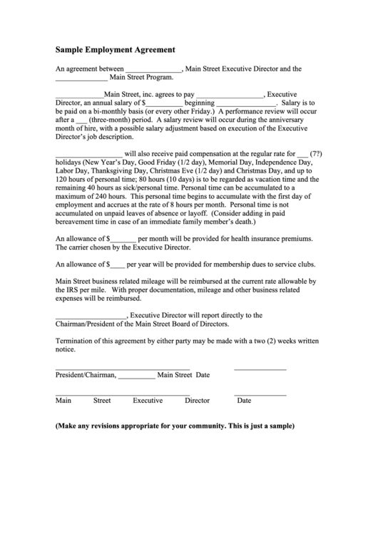 Sample Employment Agreement Template Printable pdf
