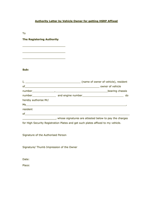 Authority Letter By Vehicle Owner For Getting Hsrp Affixed Printable pdf