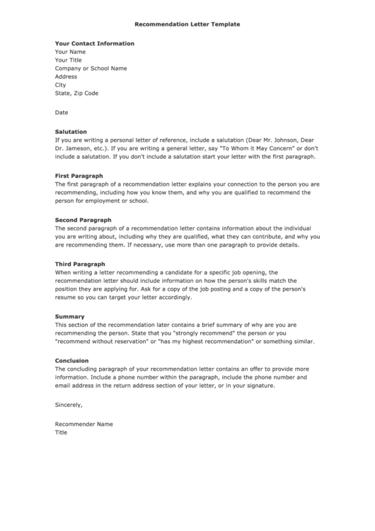 Recommendation Letter Template printable pdf download
