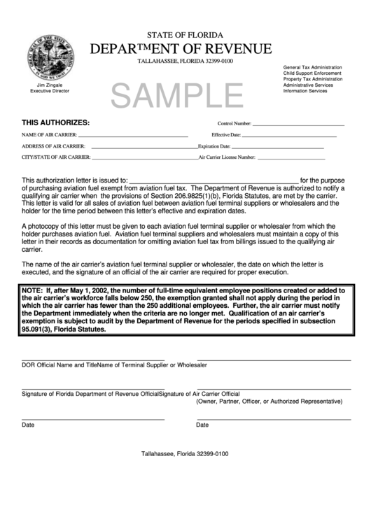 Sample Authorization Letter - Florida Department Of Revenue Printable pdf