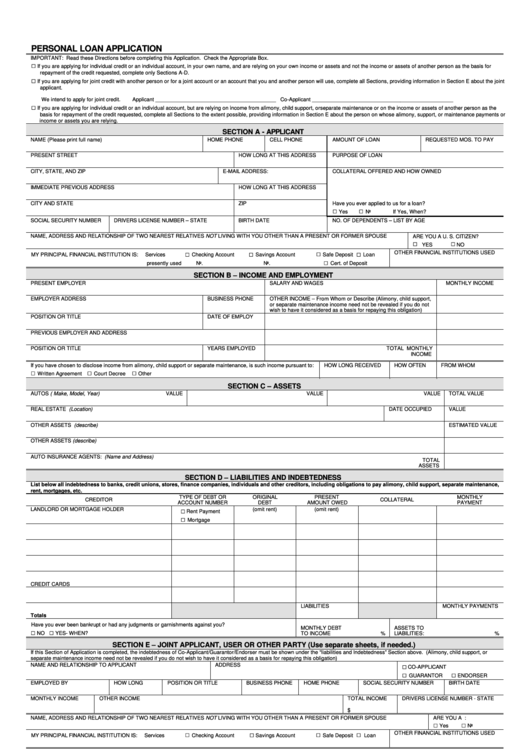 Personal Loan Application Printable pdf