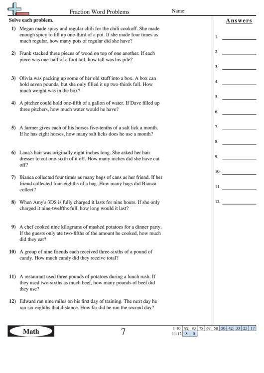 Fraction Word Problems Worksheet With Answer Key Printable pdf