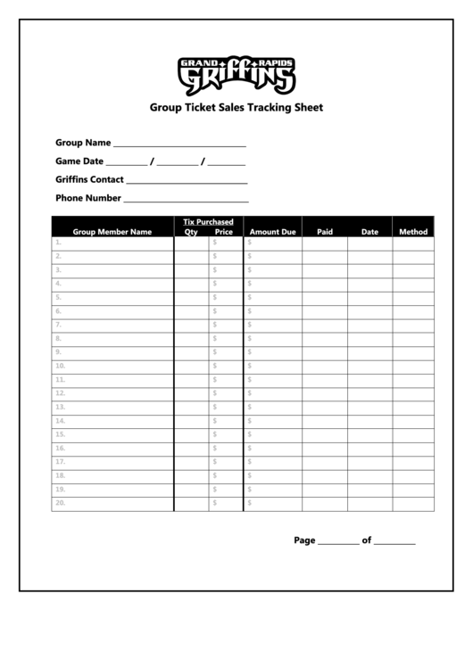 Group Ticket Sales Tracking Sheet Printable pdf
