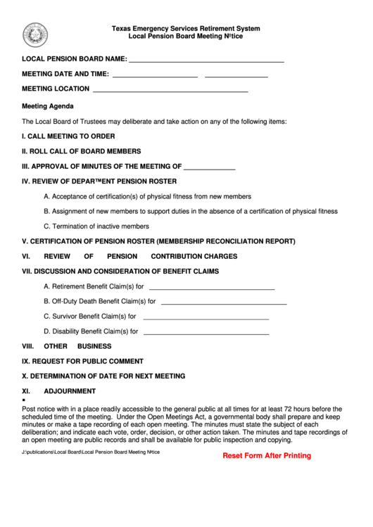 Fillable Local Pension Board Meeting Notice Template - Texas Emergency Services Retirement System Printable pdf