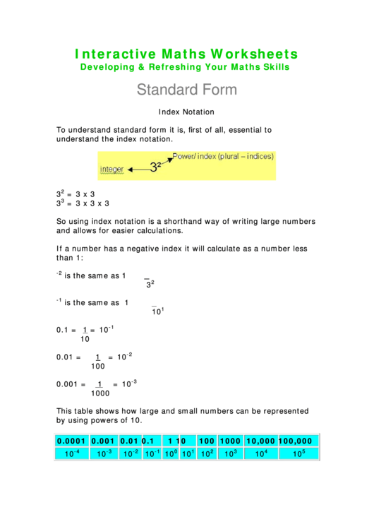 Interactive Maths Worksheets Developing & Refreshing Your Maths Skills Standard Form Printable pdf