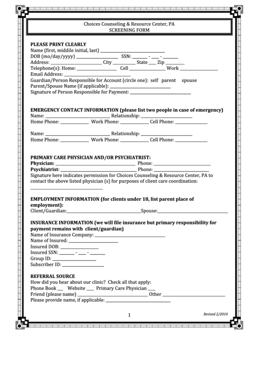 New Client Screening Form Printable pdf