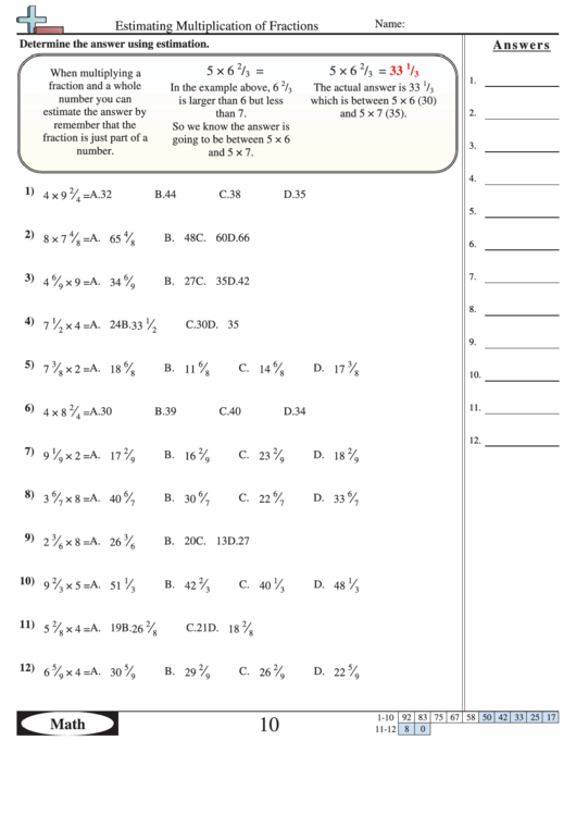 Estimating Multiplication Of Fractions Worksheet With Answer Key Printable pdf