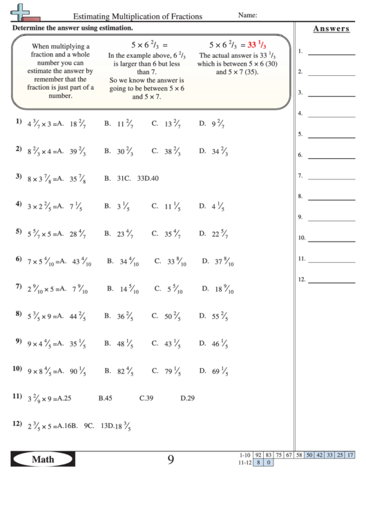 Estimating Multiplication Of Fractions Worksheet With Answer Key Printable pdf