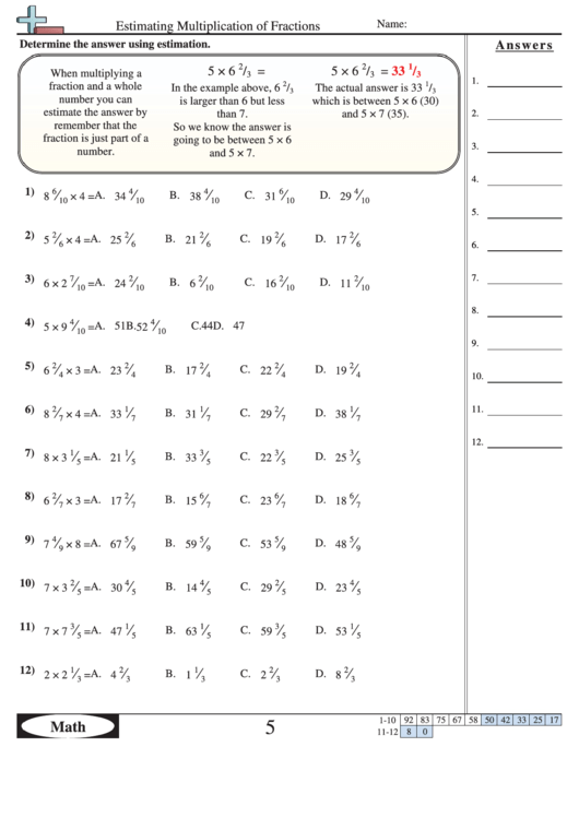 Estimating Multiplication Of Fractions Worksheet With Answer Key Printable pdf