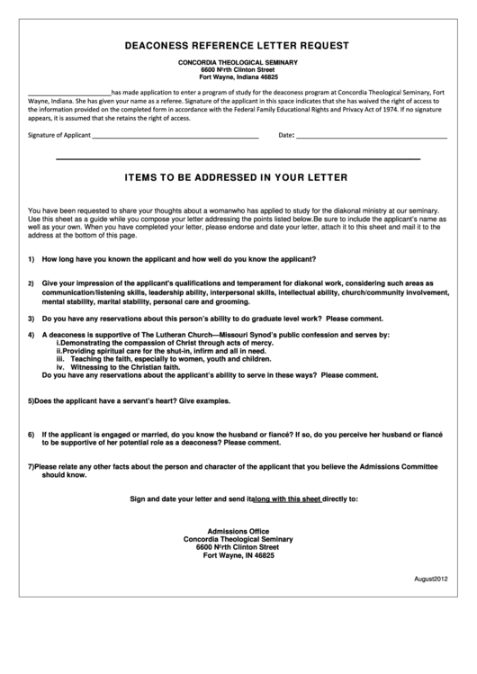 Deaconess Reference Letter Request