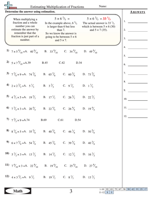 estimating multiplication of fractions worksheet with answer key