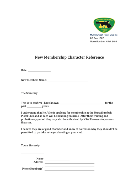New Membership Character Reference Printable pdf