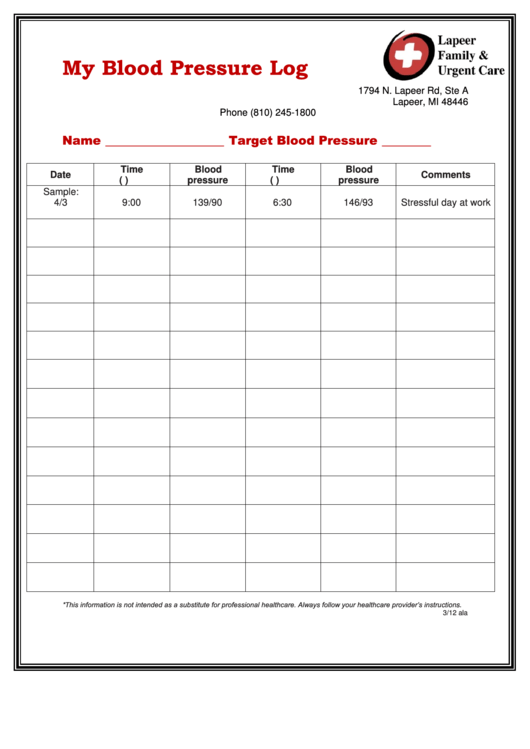 My Blood Pressure Log Printable pdf