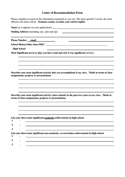 Letter Of Recommendation Form Printable pdf