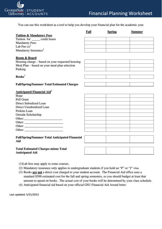 Financial Planning Worksheet Printable pdf